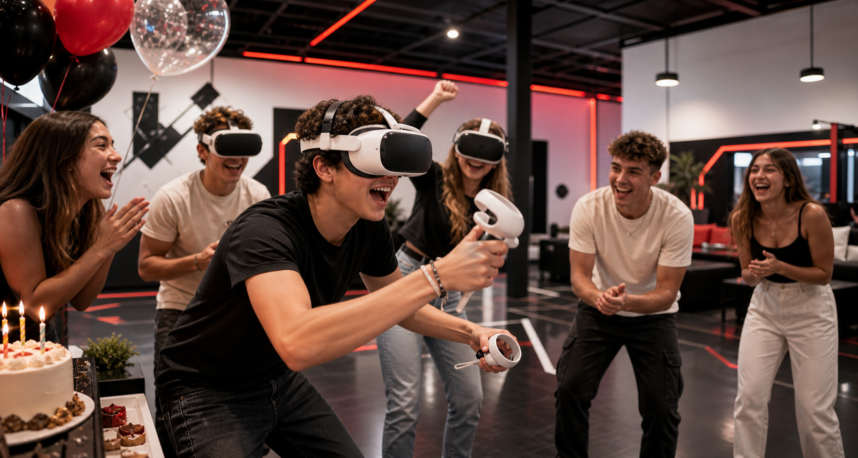 Groupe fêtant un anniversaire avec des casques de réalité virtuelle