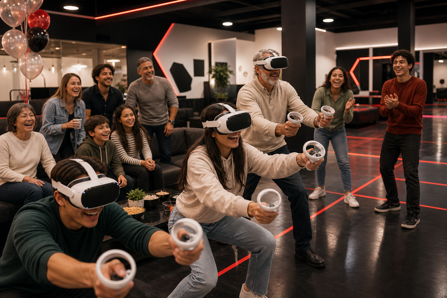Groupe privé partageant une expérience VR dans un centre moderne